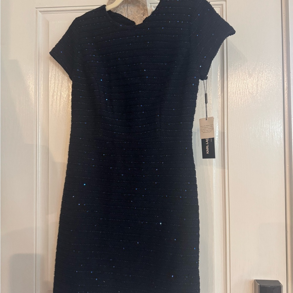 Karl Lagerfeld Women’s Blue Sequin Knit Stripe Dress
